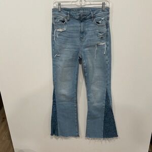 American Eagle Super Hi Rise Flare Jeans Light Wash Distressed Patchwork Size 2